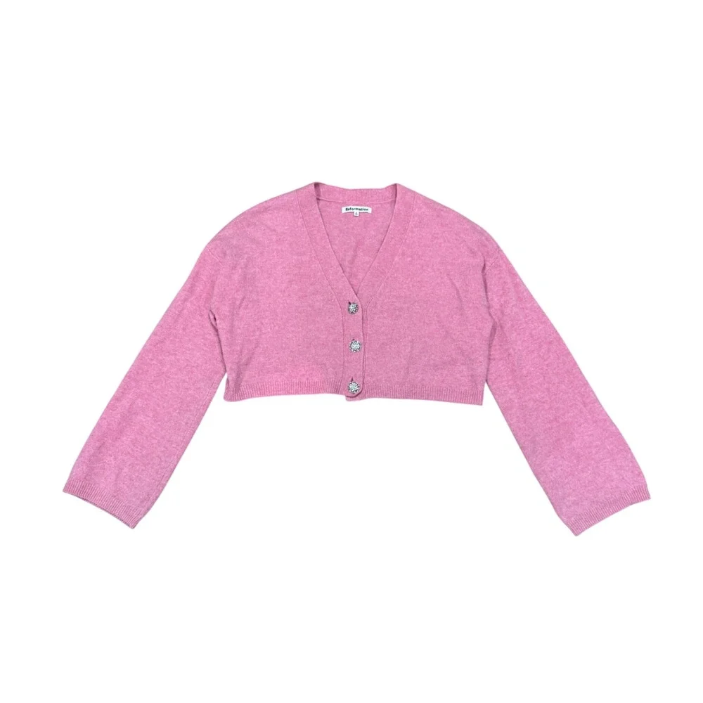 Reformation Val Pink Wool Cropped Cardigan Crystal Button Sweater S Cozy Layerin